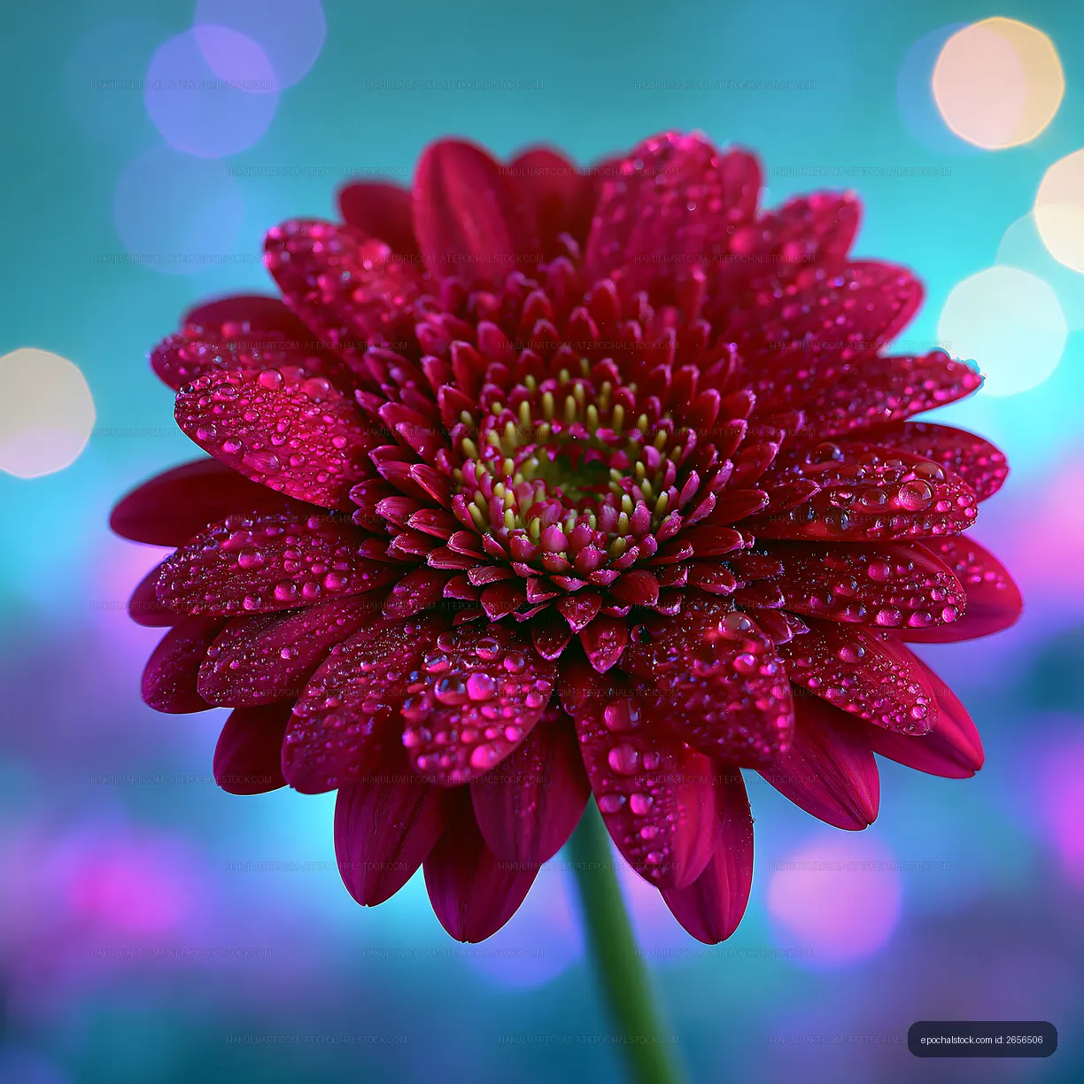 Red flower with droplets in a colorful background
