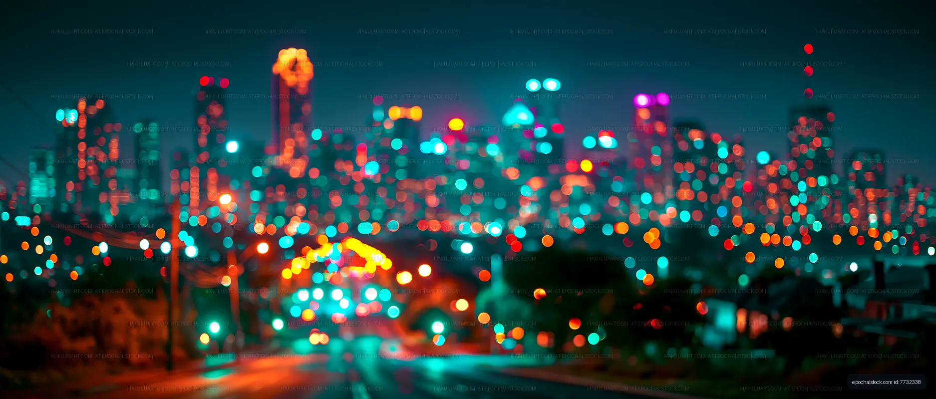 City skyline at night with colorful lights and blurred effect