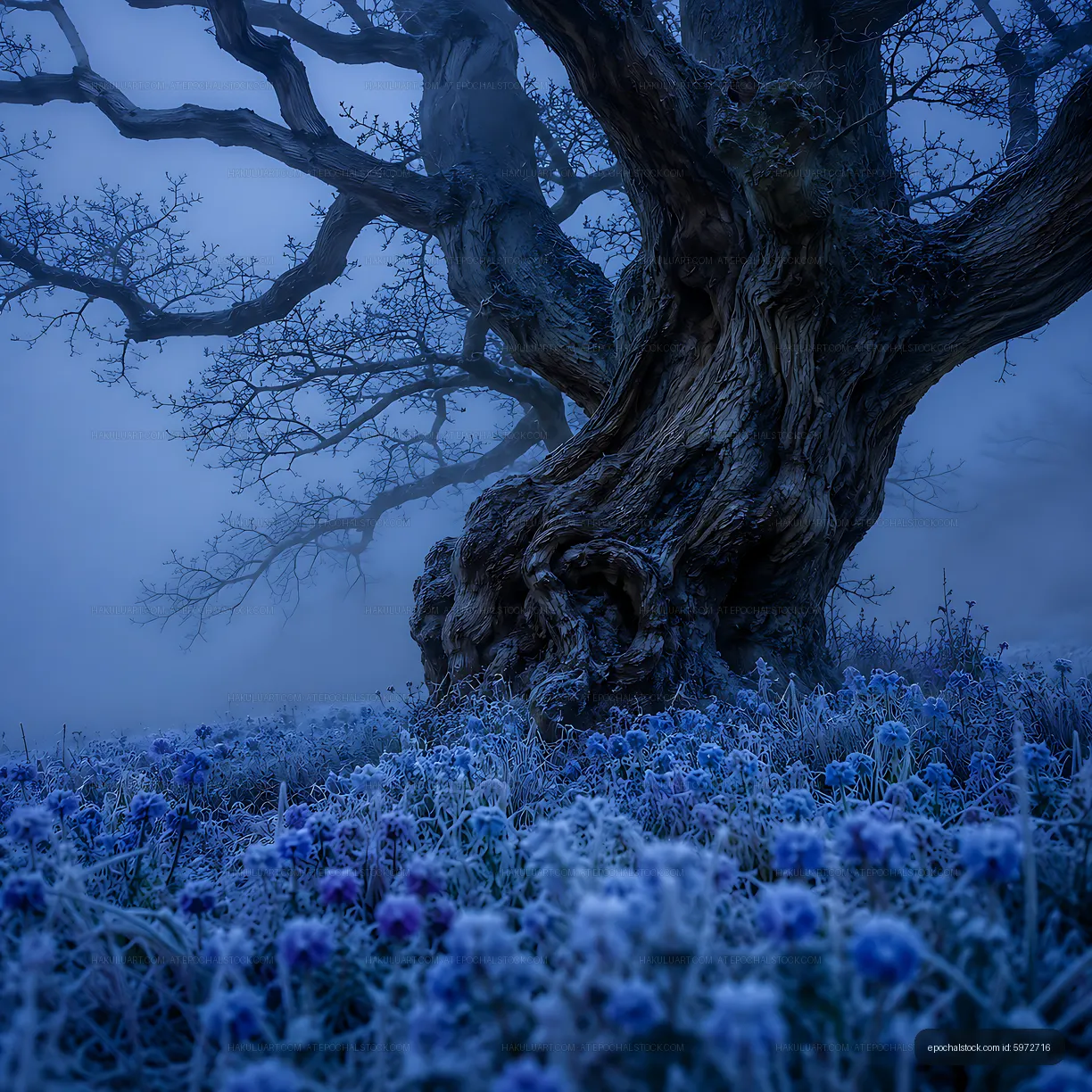 Old tree in a misty winter landscape with frost and flowers