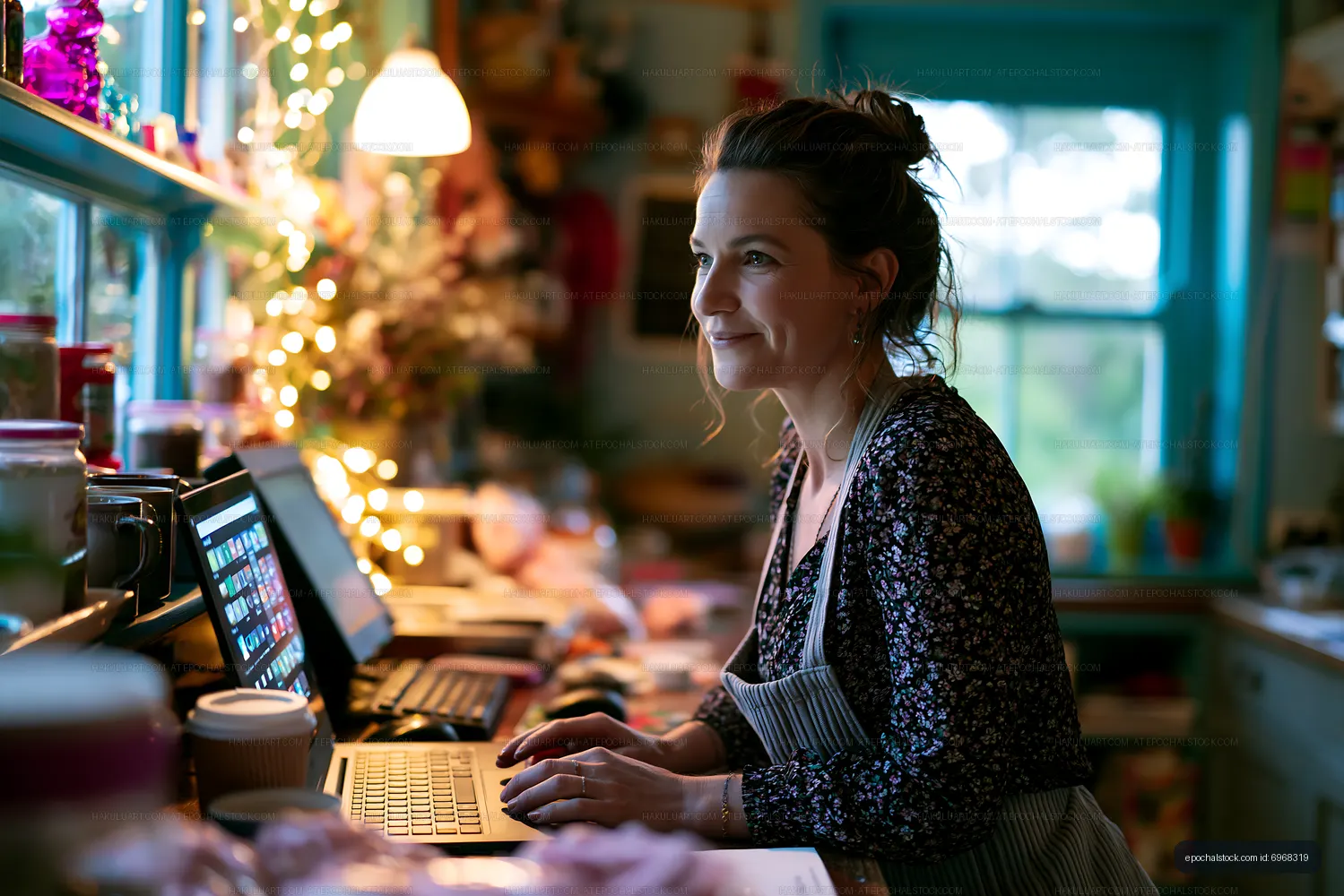Woman working on laptop in cozy home office during daytime