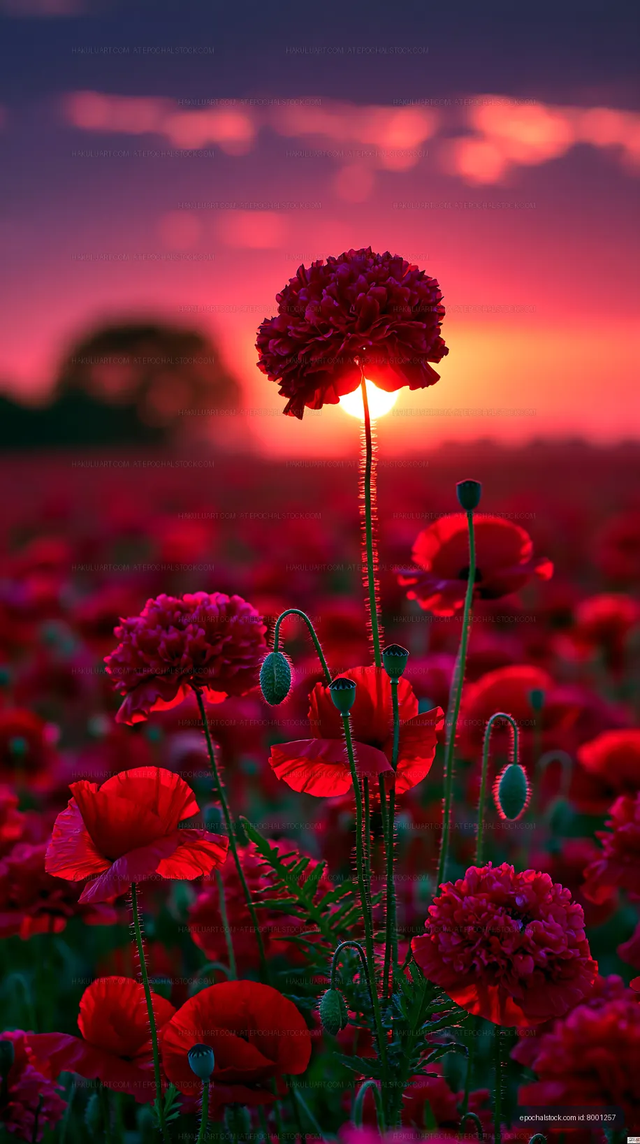 Red poppy flowers at sunset in a field