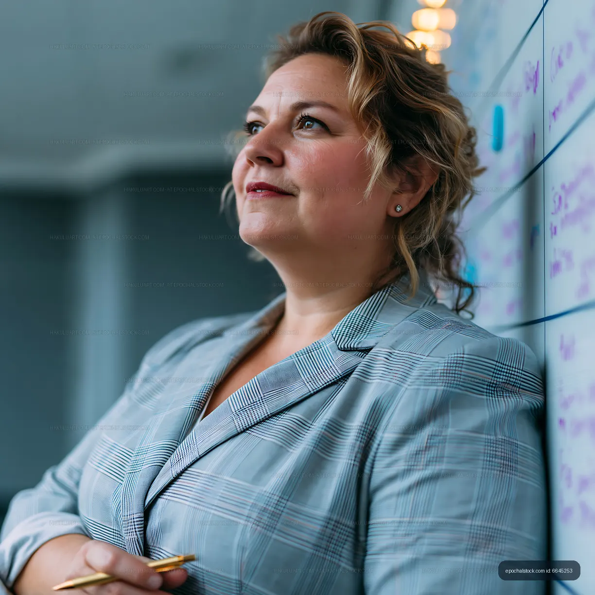 Business professional standing by a whiteboard in the office