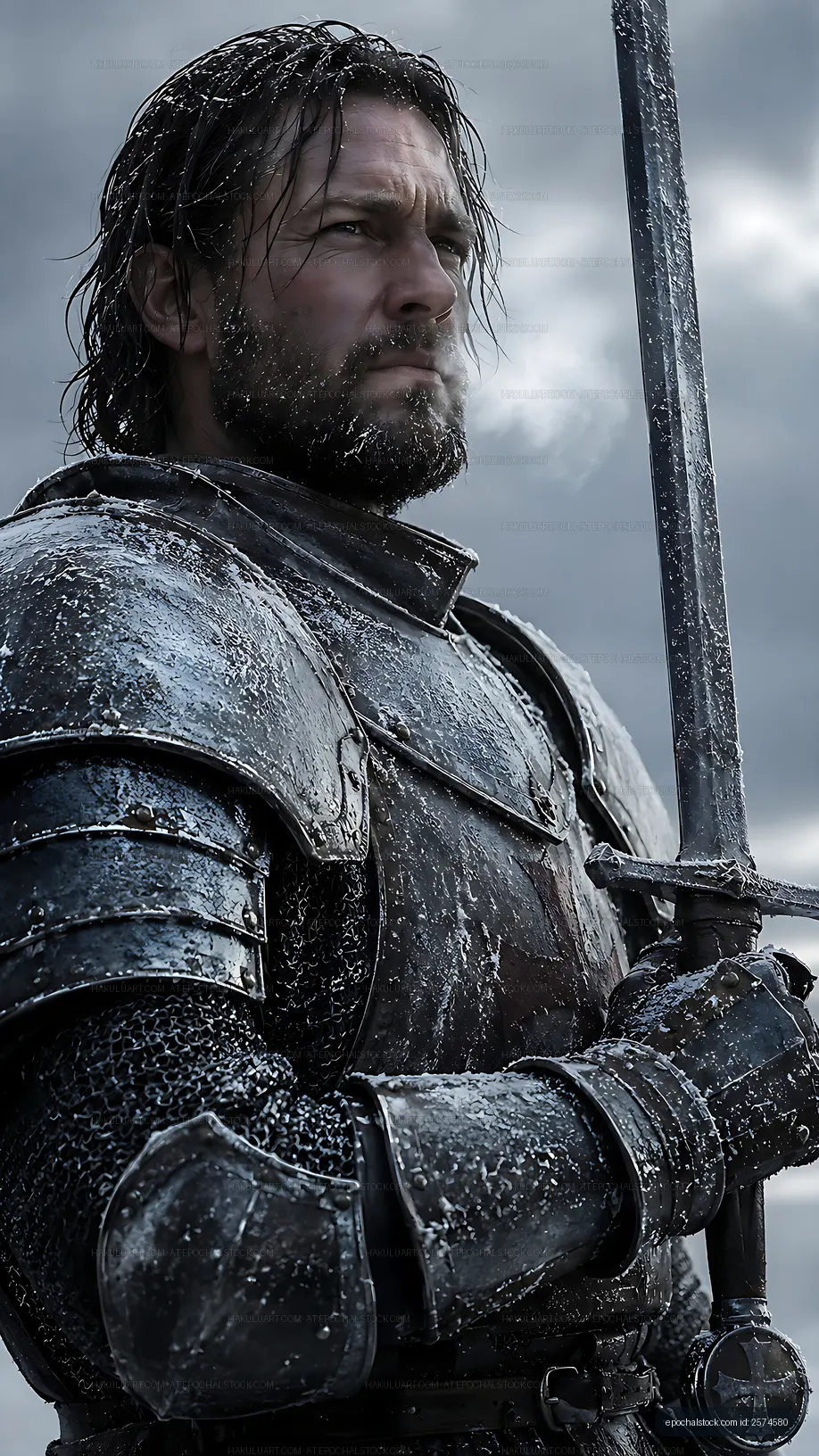 Warrior in armor holding sword in cold setting
