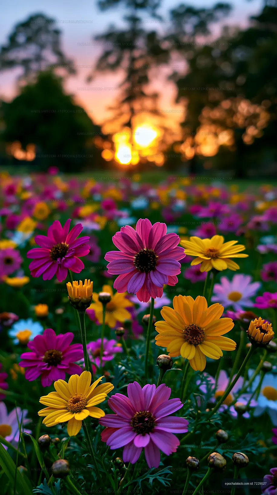 Colorful flowers bloom during sunset in a garden