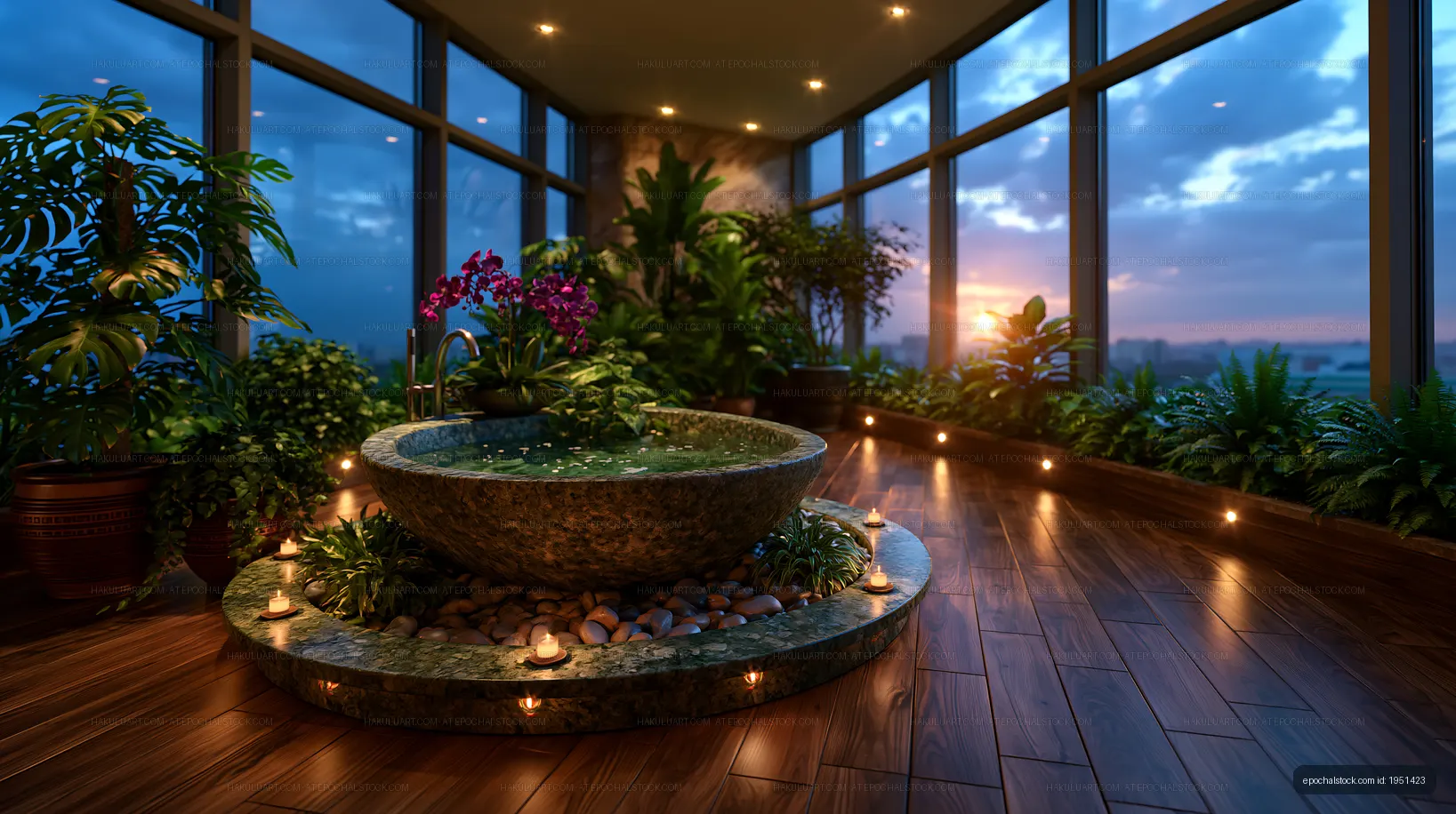 Spa area with plants and a water feature at sunset