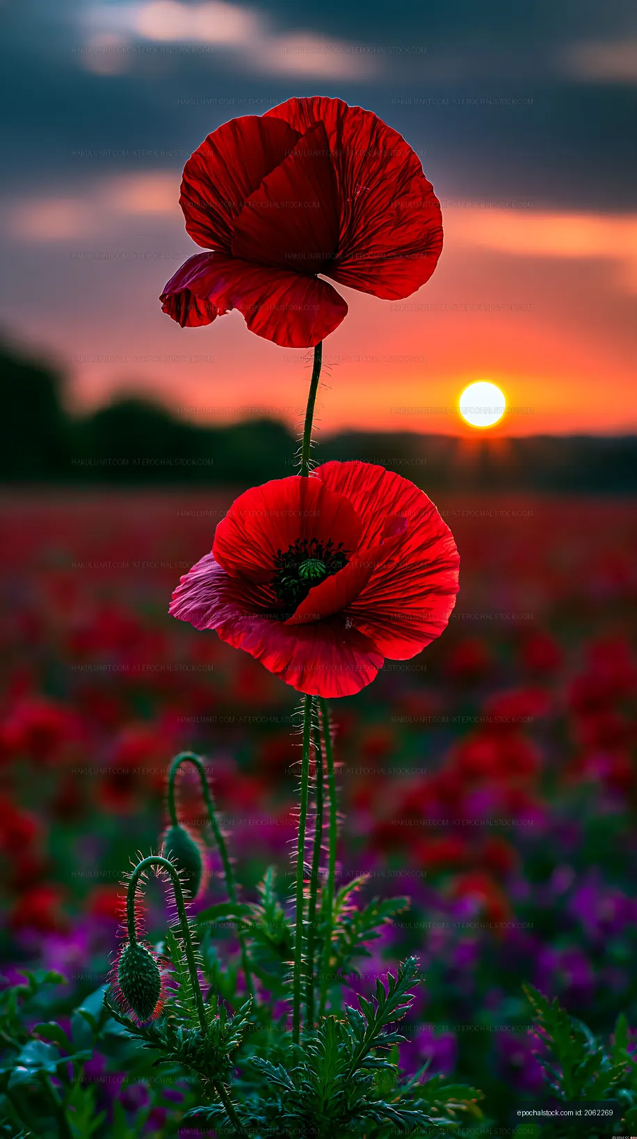 Red poppies in a field at sunset with clouds in the background