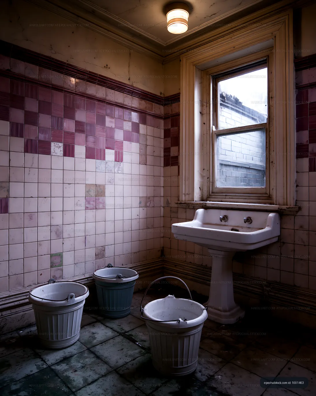 Old bathroom with buckets and window in a rundown building