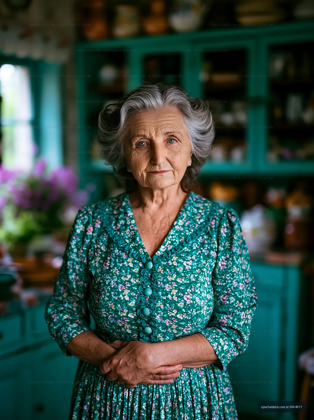 Elderly woman stands in front of a colorful kitchen cabinet