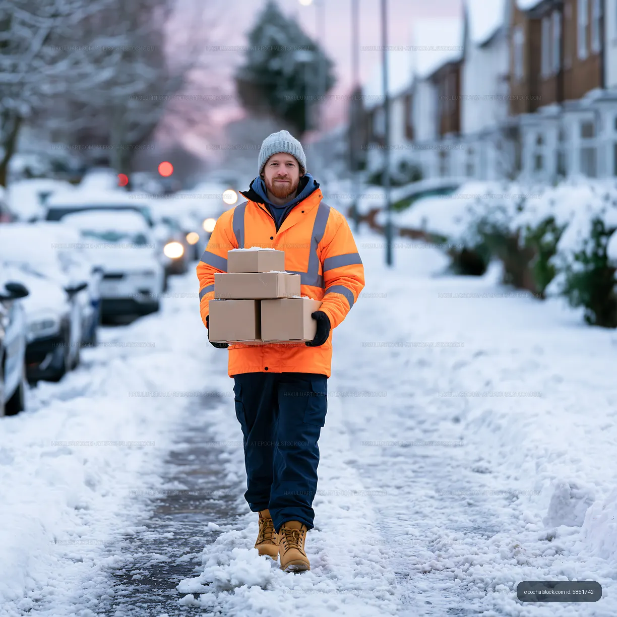 Delivery worker carries packages on snowy street