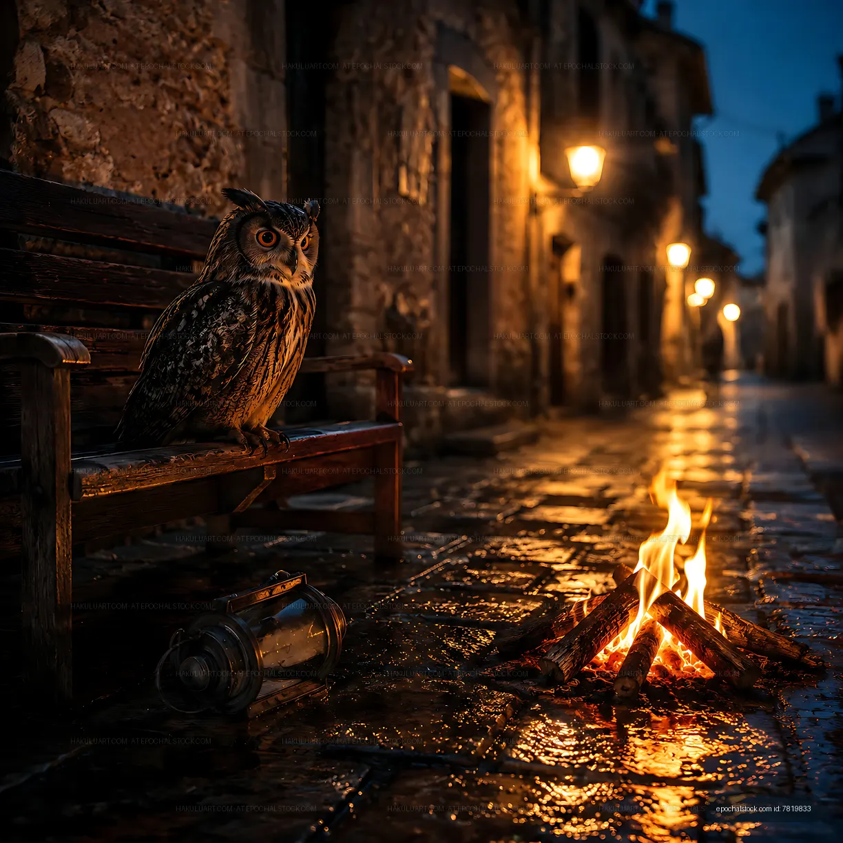 Owl sitting on a bench near a fire in a quiet street at night