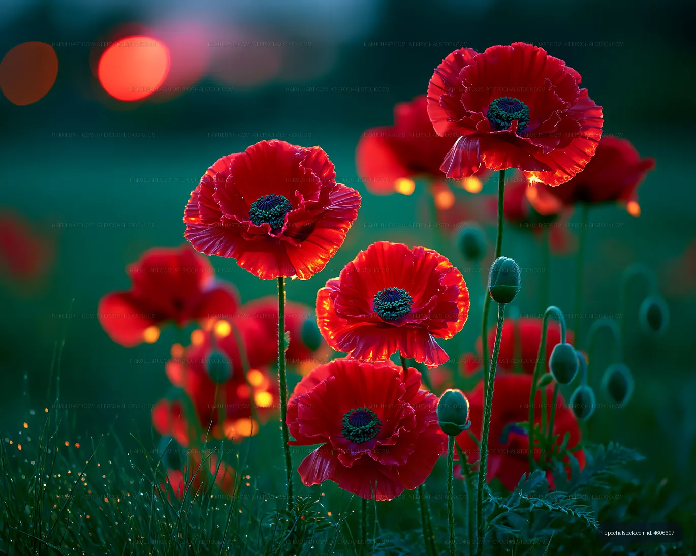 Red poppies in a field during sunset