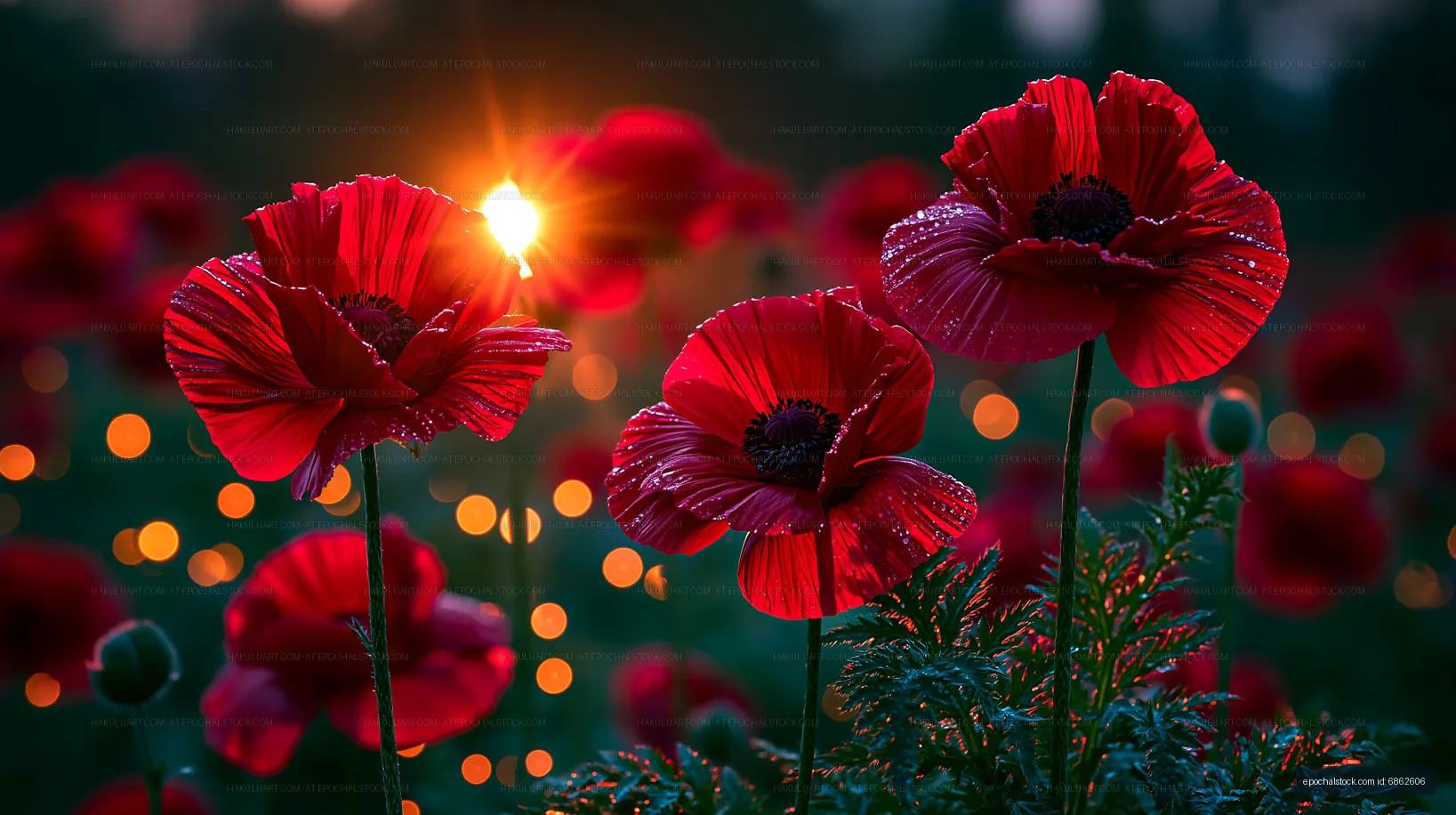 Red flowers in a field with sunlight and soft bokeh background