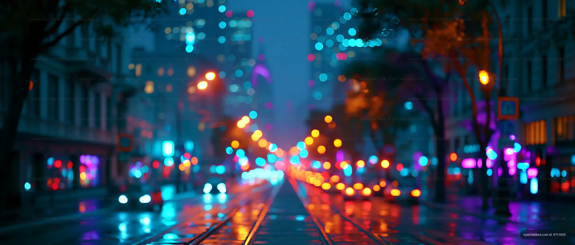 City street illuminated at night with colorful lights