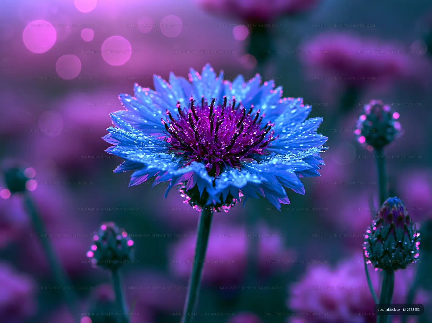 Blue flower with dew surrounded by purple blooms at sunset