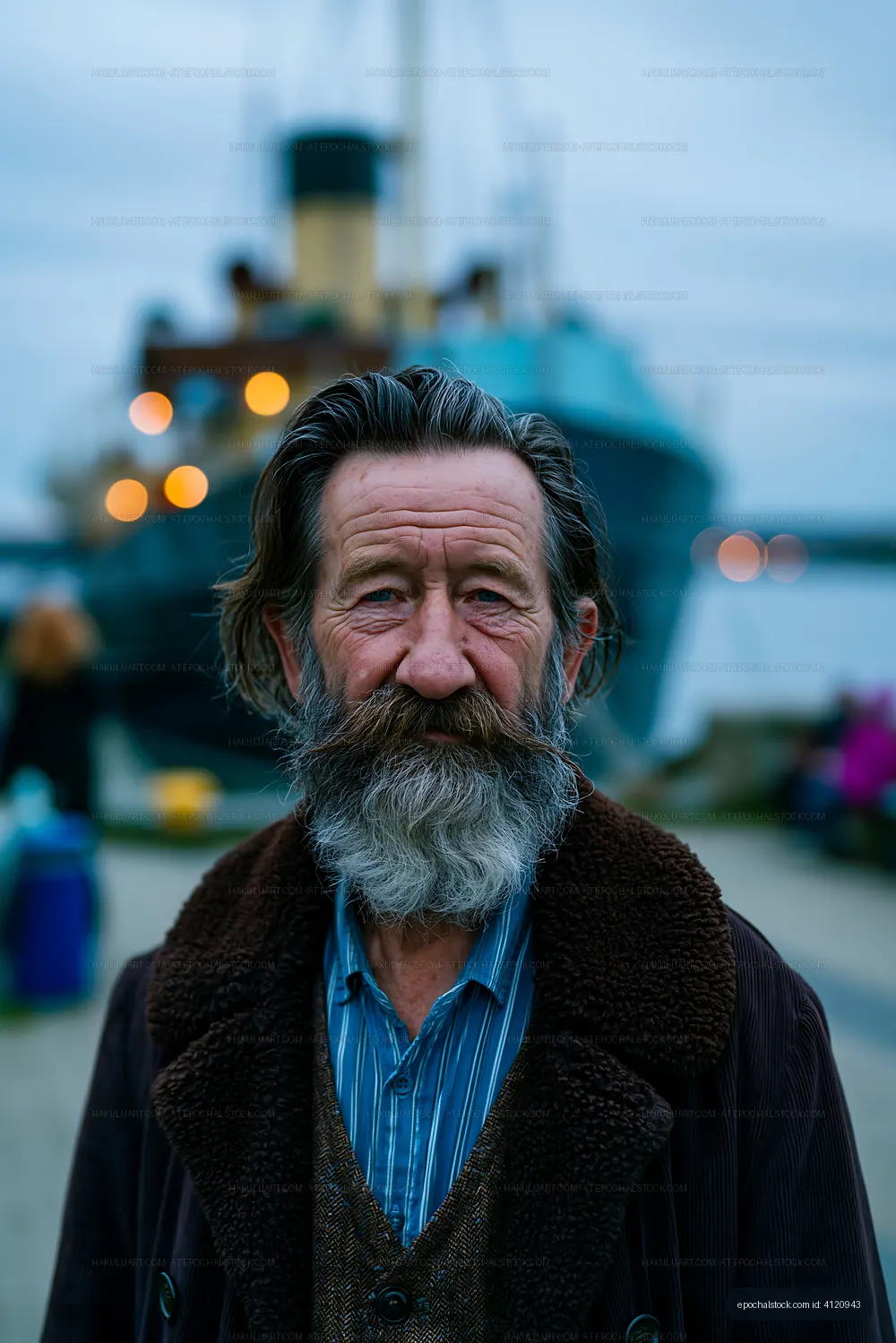 Man with gray beard in front of boat at dusk by the water