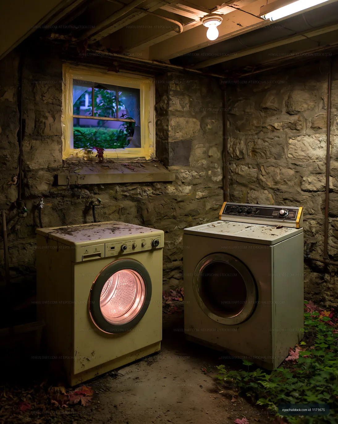 Old washing machines in a dimly lit basement room