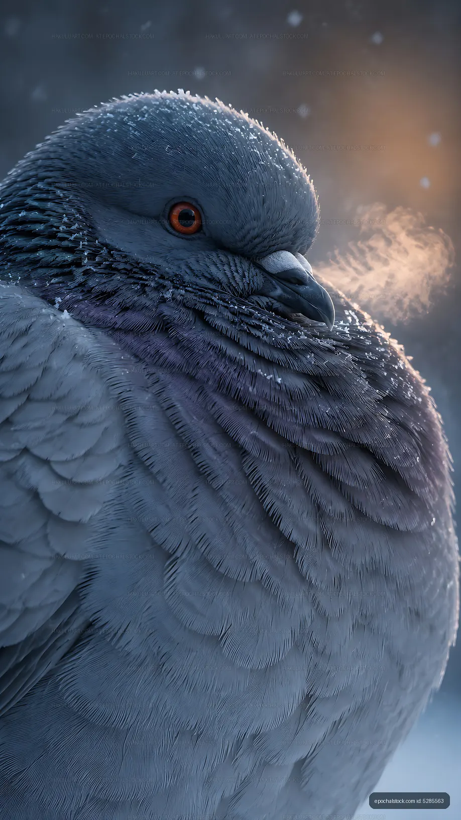 Pigeon in winter showing breath with frost on feathers