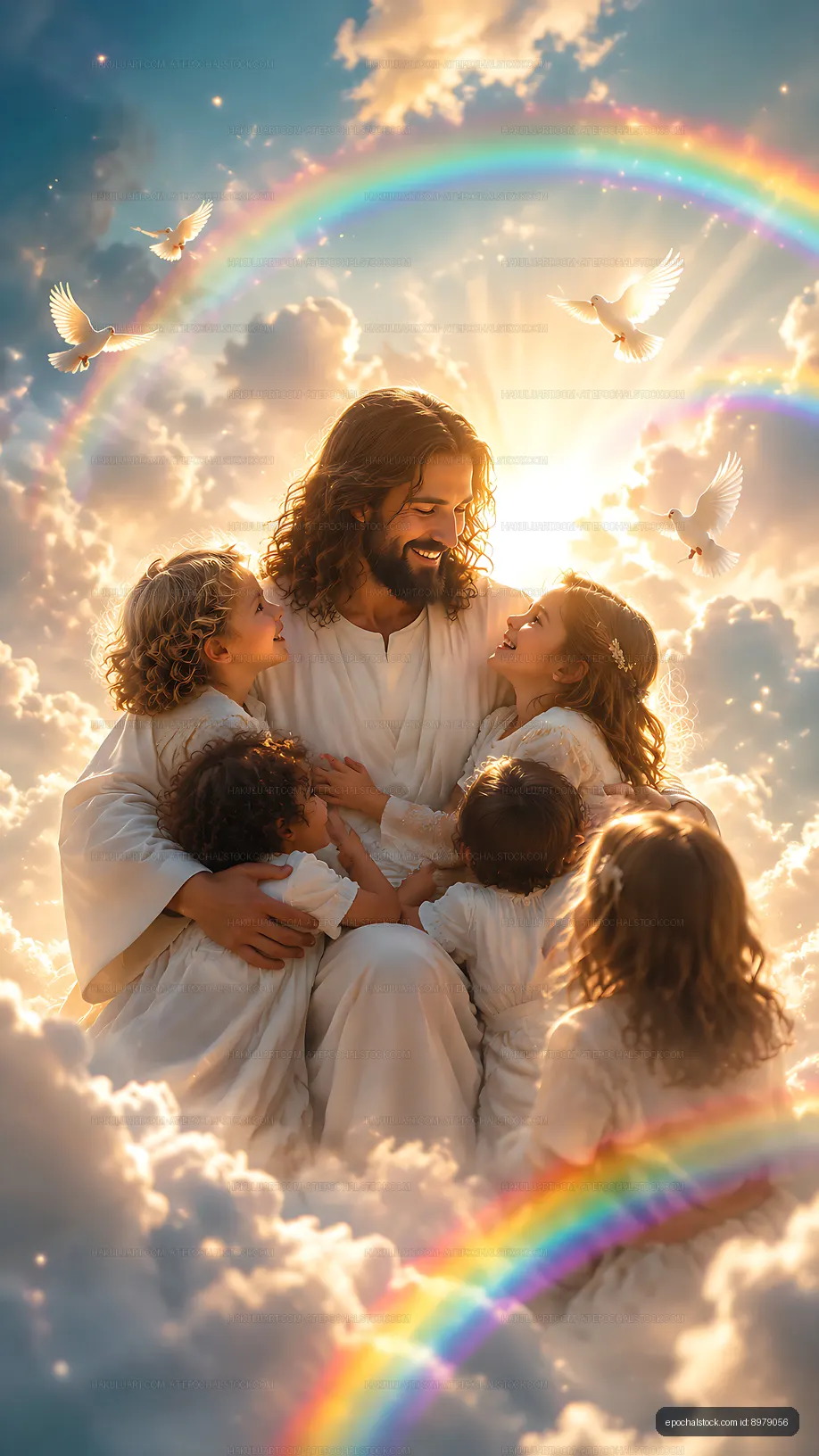 Jesus surrounded by children in a colorful sky with rainbows