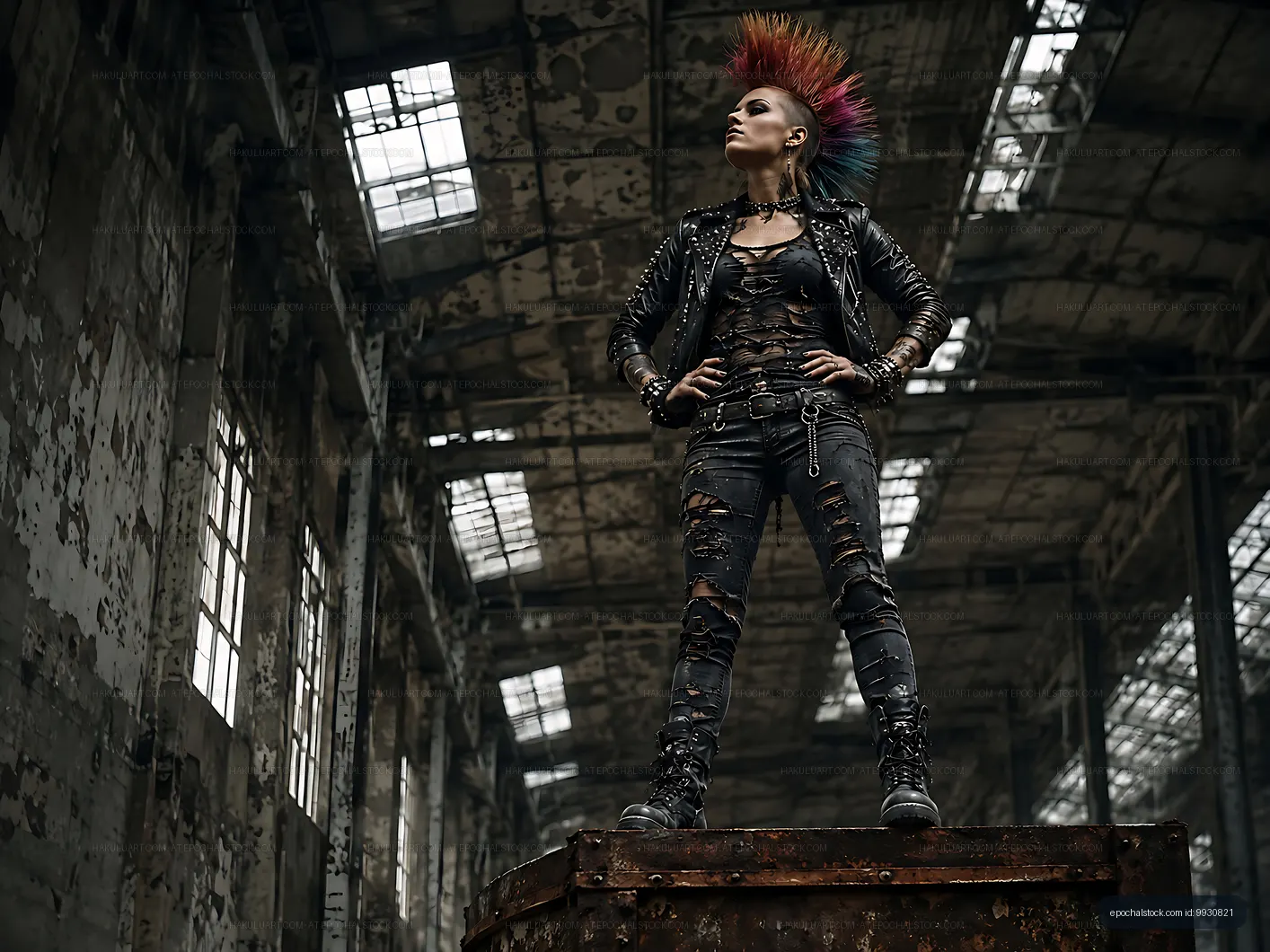 Punk style model poses in abandoned industrial setting