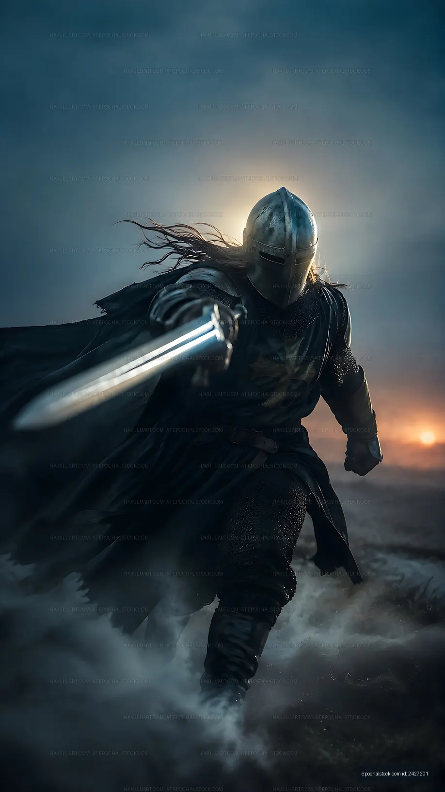 Warrior charging into battle with sword drawn at dusk