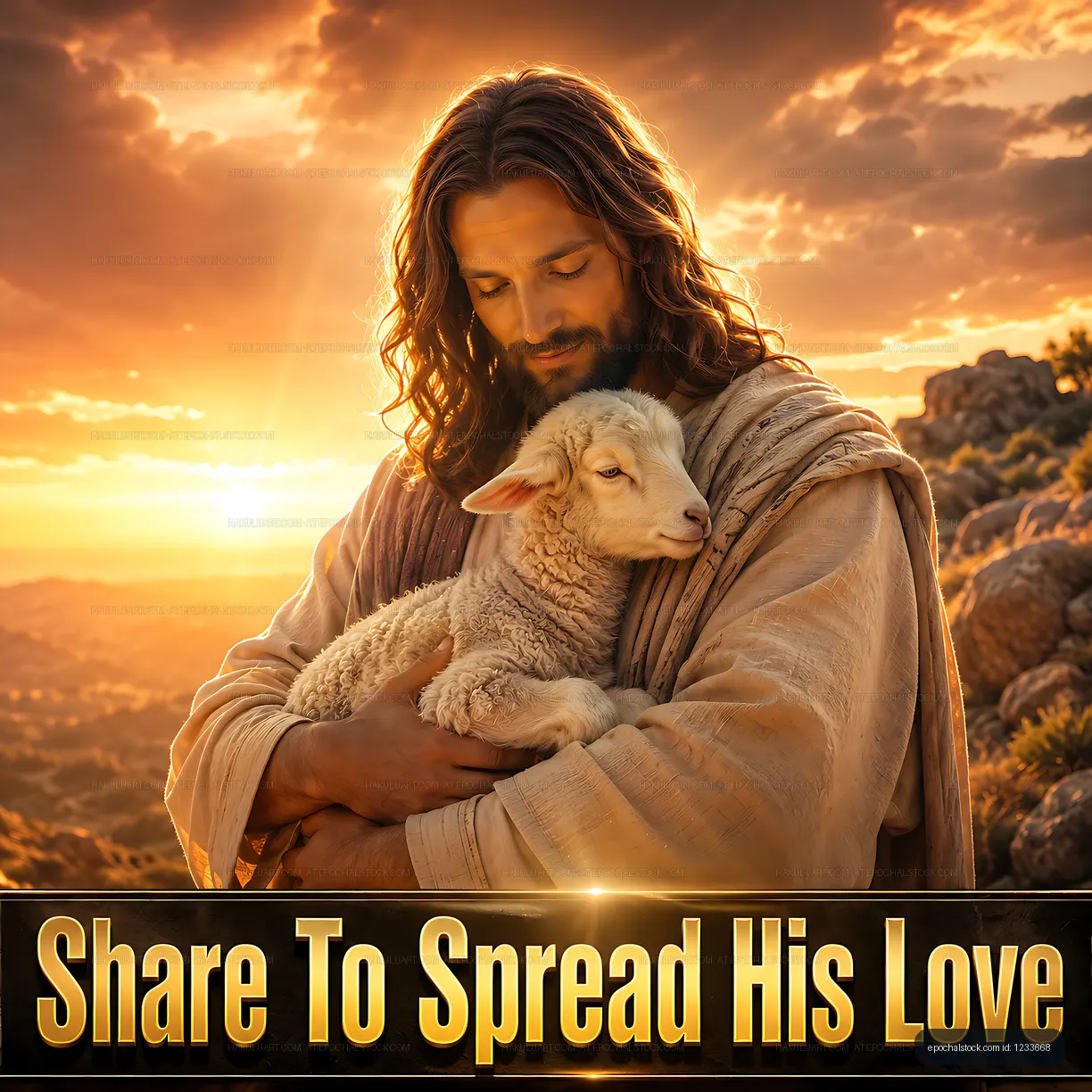 Man holding a sheep during sunset in a mountainous landscape