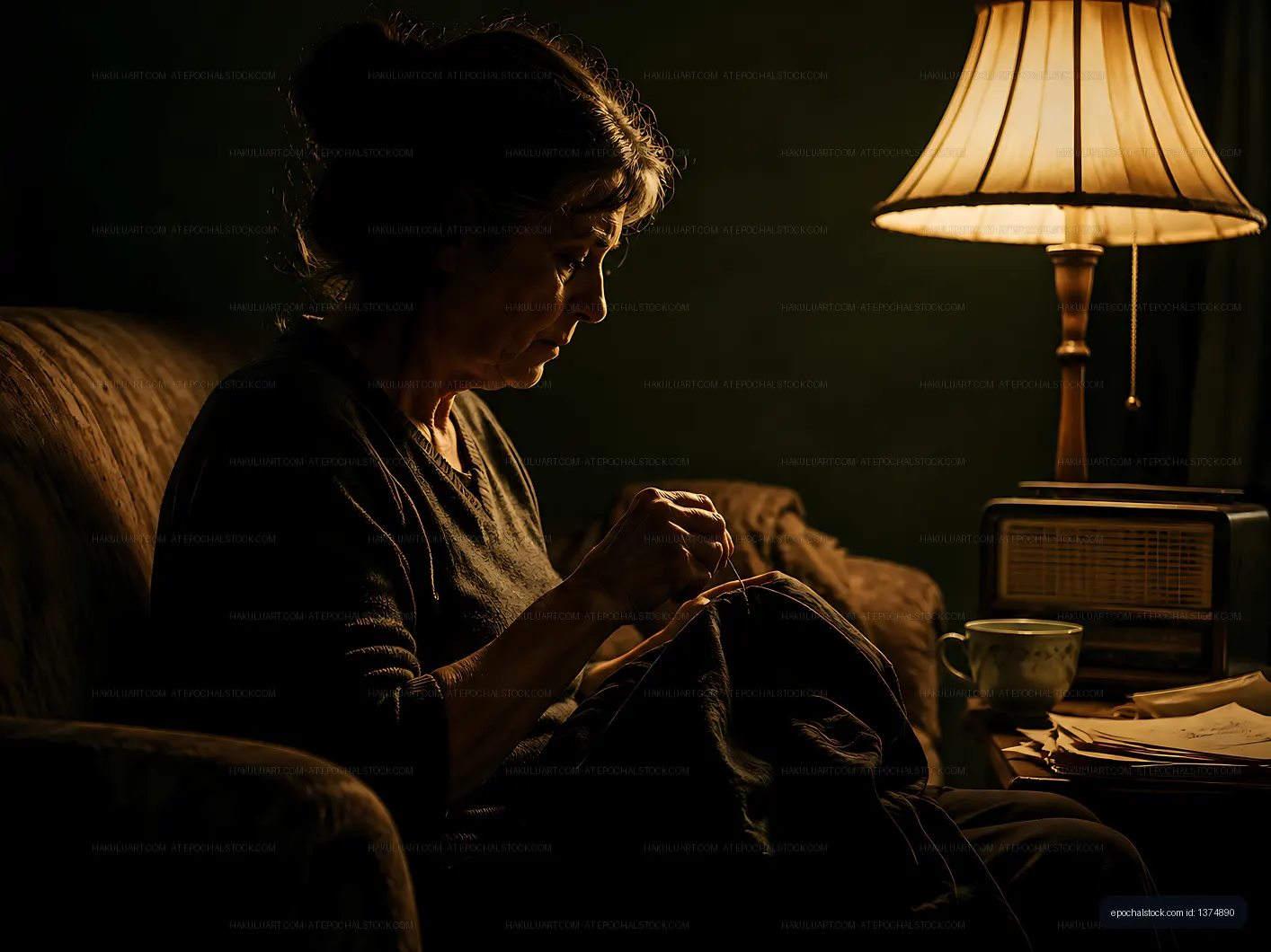 Woman sewing in a dimly lit room with a lamp