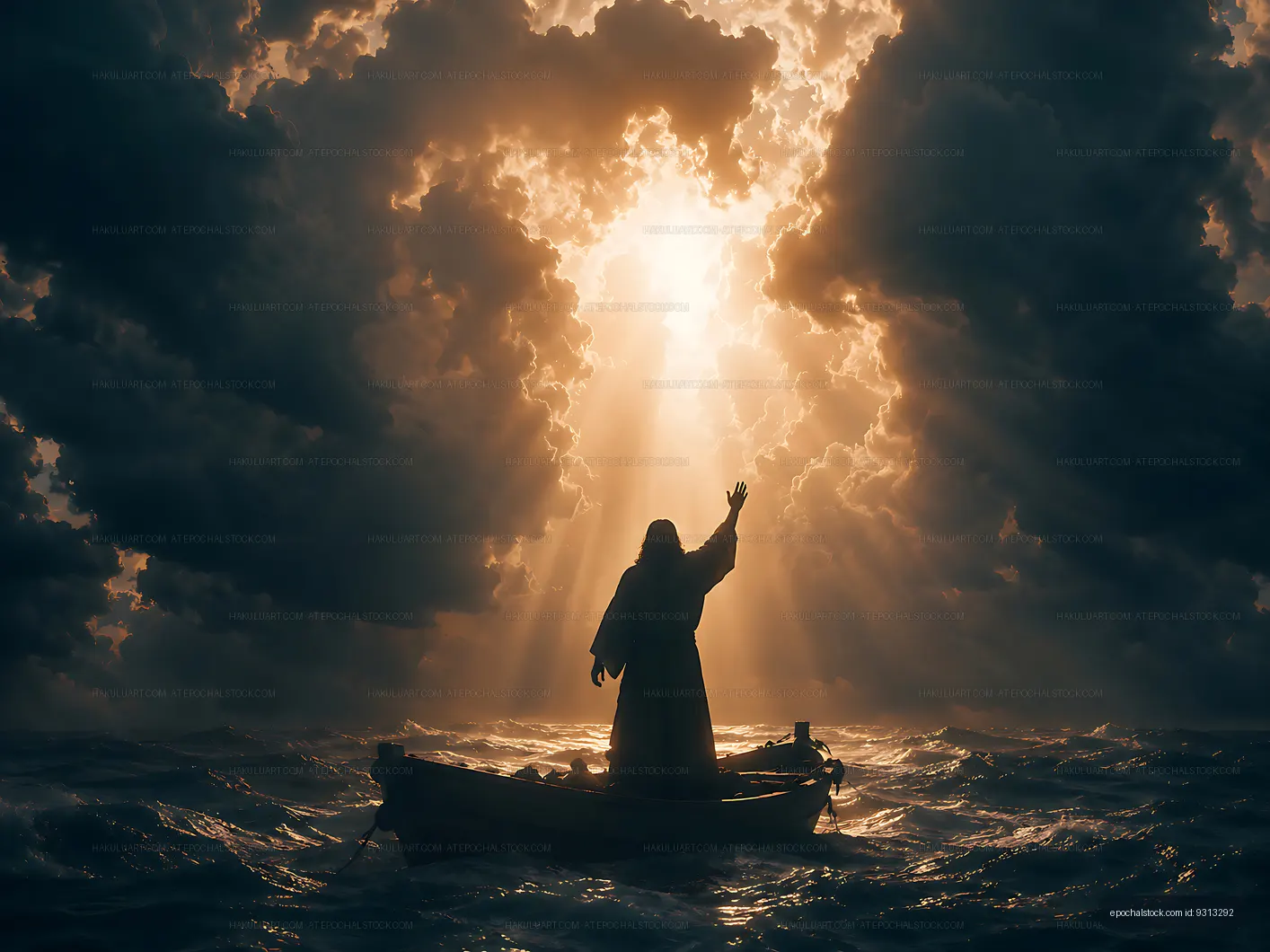 Person in boat raises hand amid dark clouds and light beams