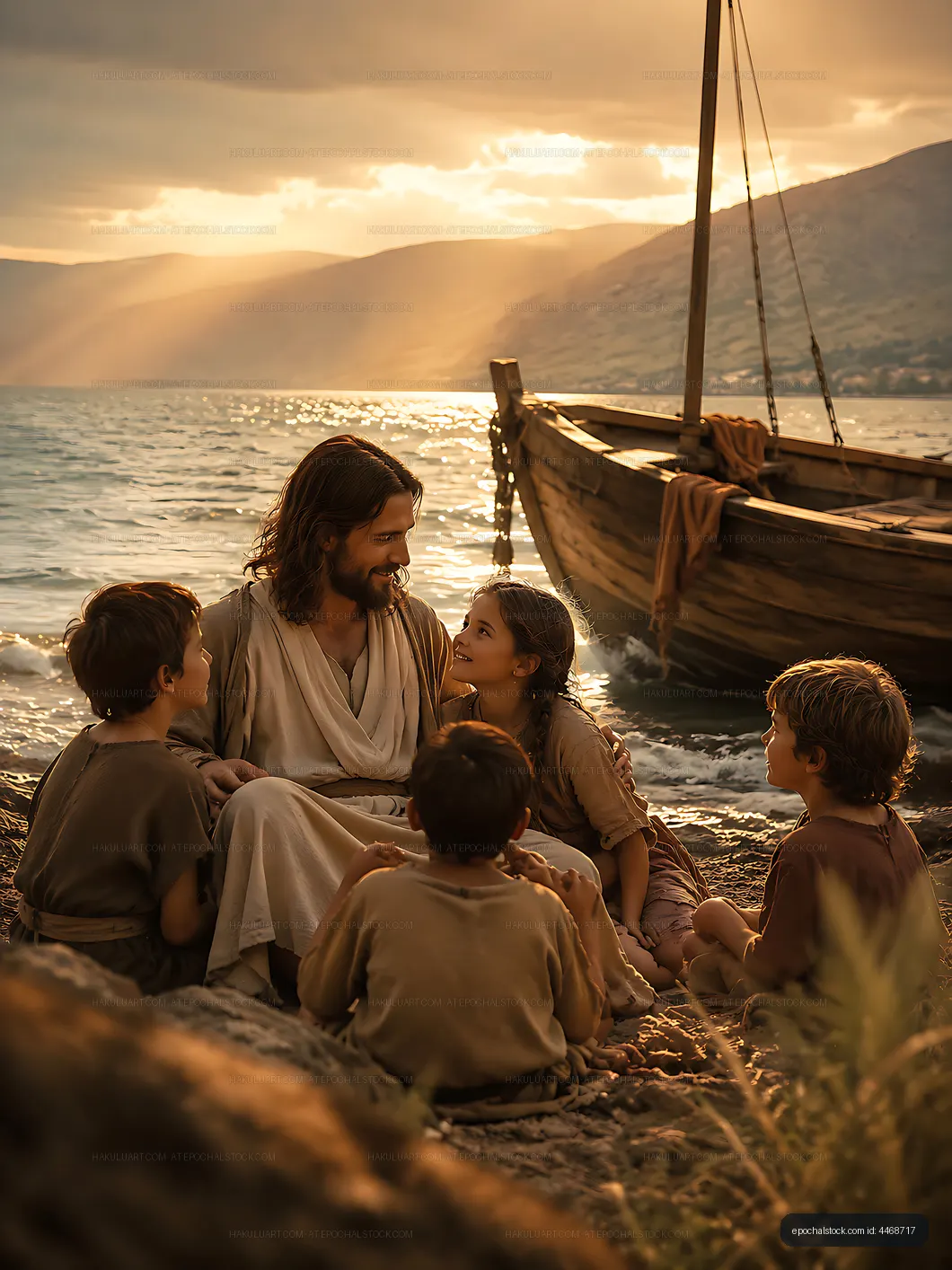 Man sitting by the water with children during sunset