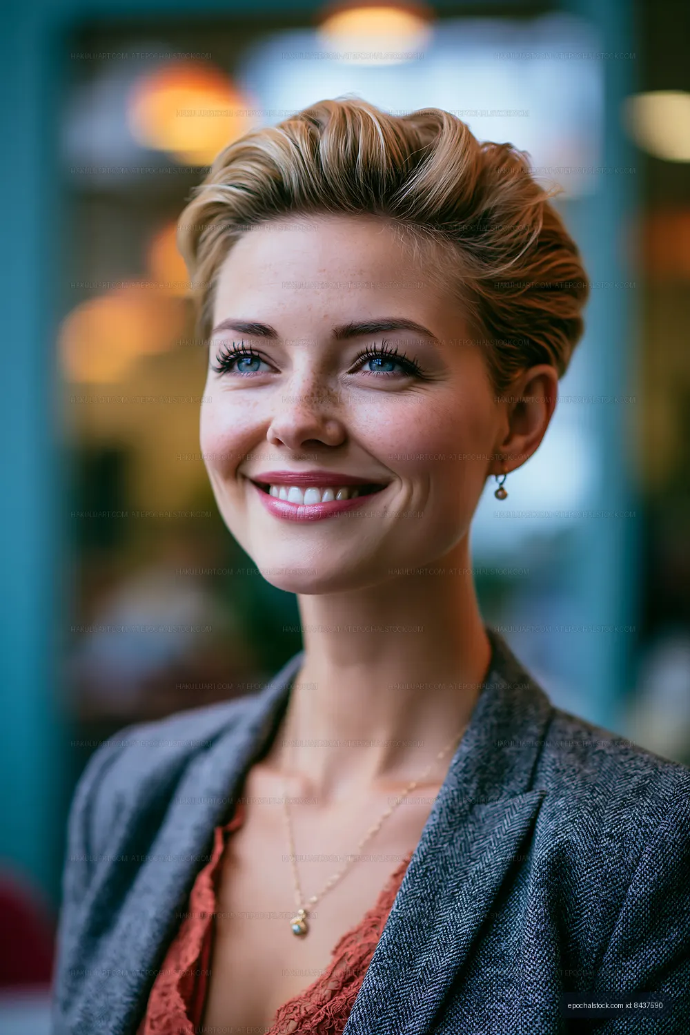 Woman with short hair smiling inside a cafe