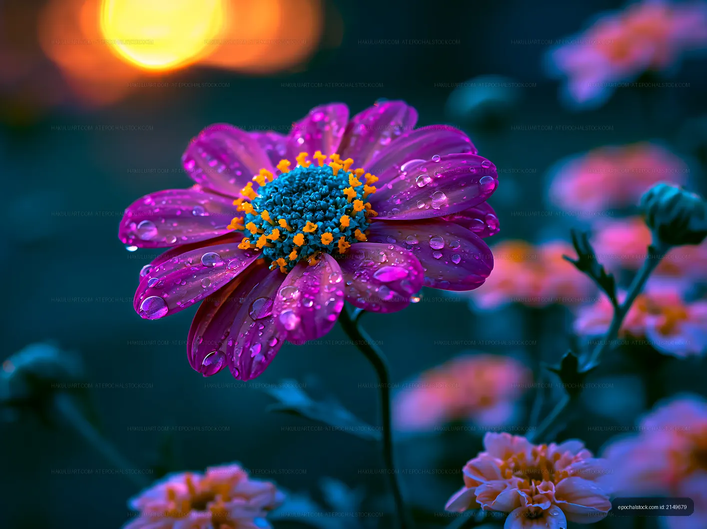 Vibrant flower with raindrops in a garden at sunset