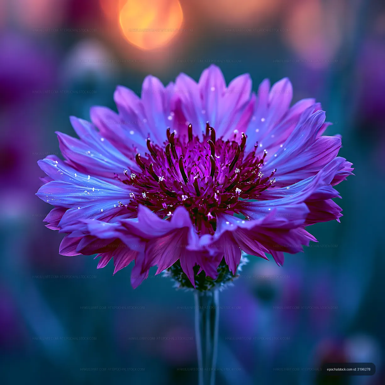 Purple flower with dew drops in a garden at dusk