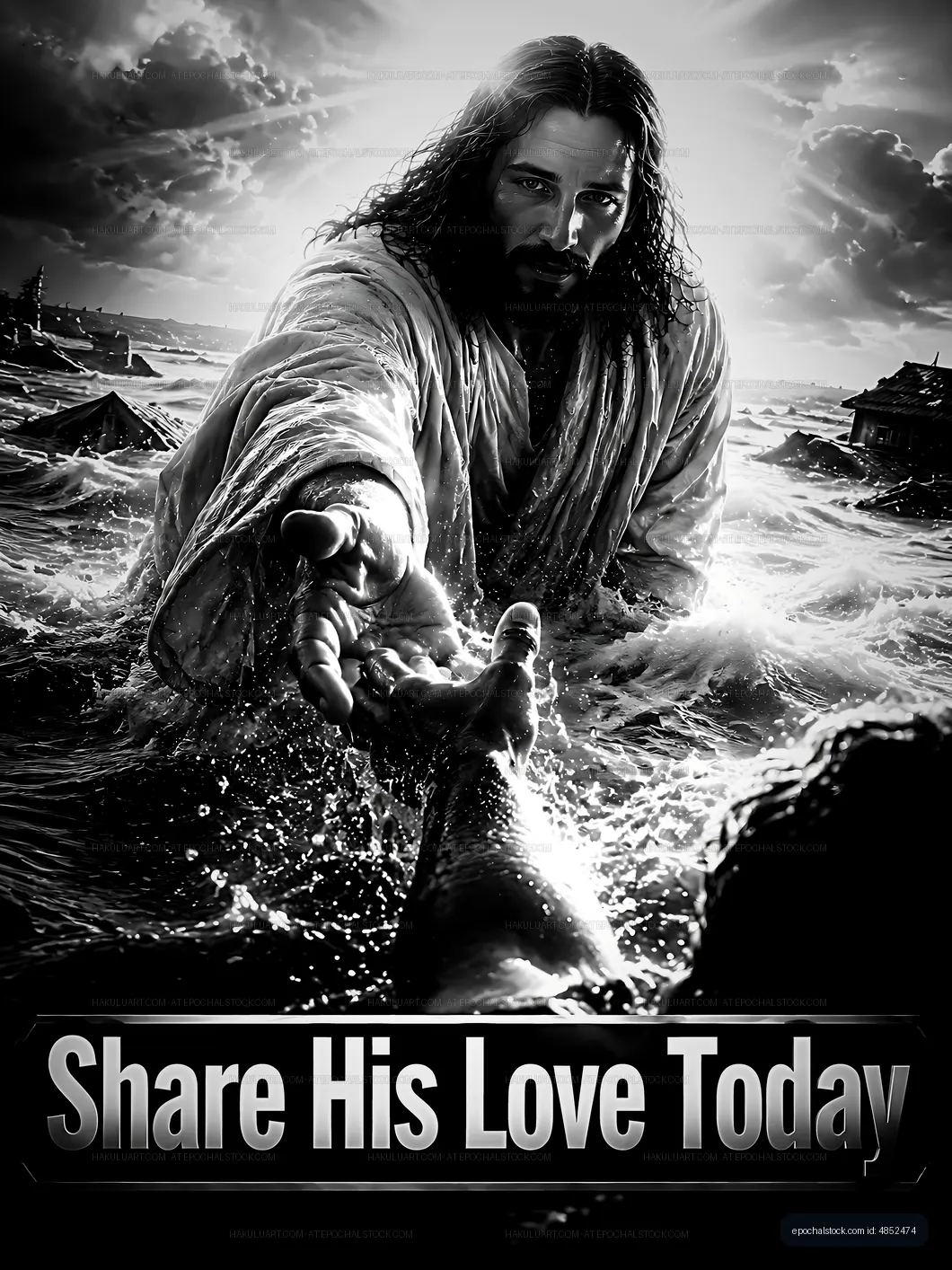 Jesus reaching out to a person in a stormy sea scene