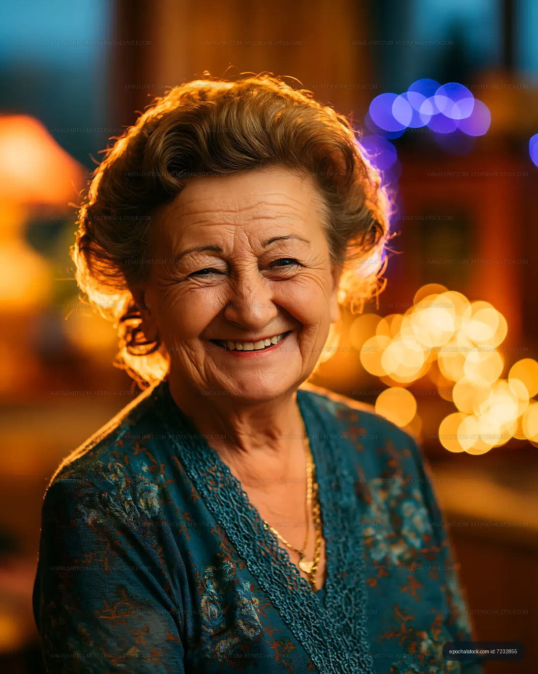 Smiling elderly woman in warm home setting with soft lights
