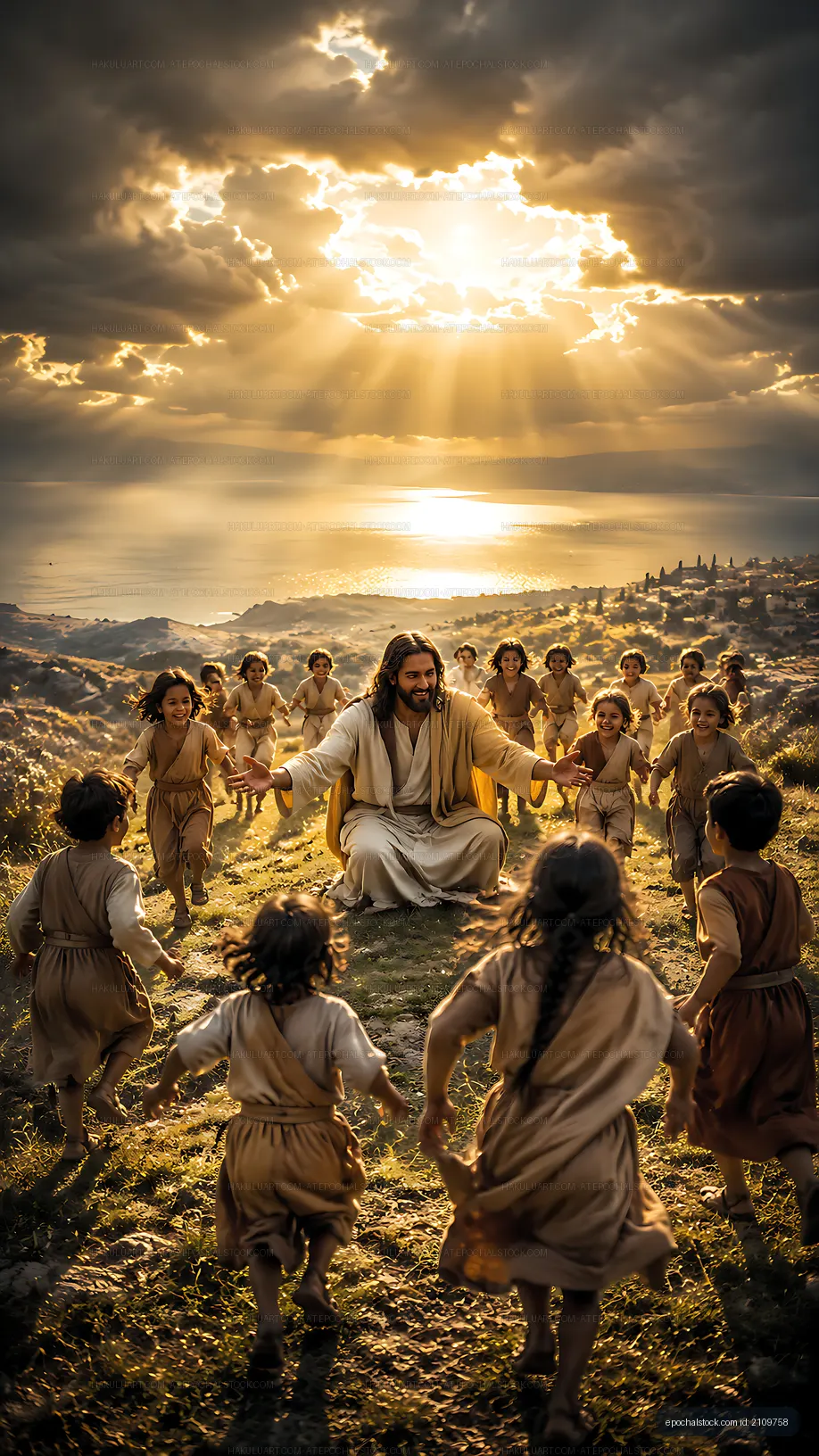 Jesus with children during sunset in a scenic landscape