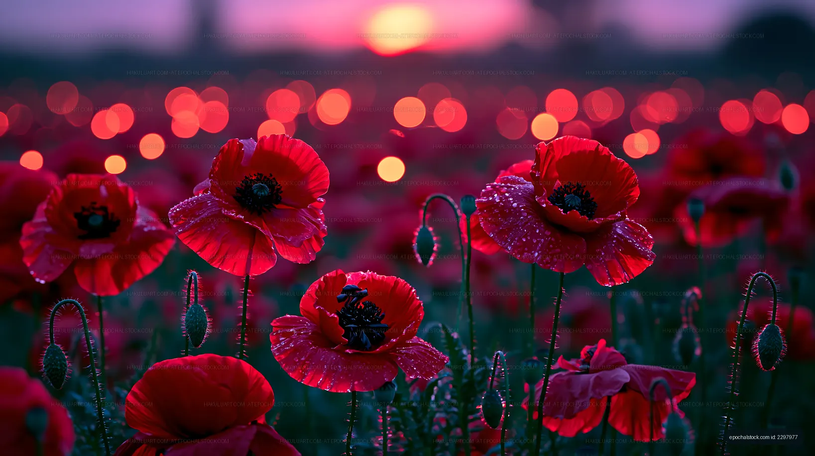 Poppy flowers bloom at sunset in a vibrant field
