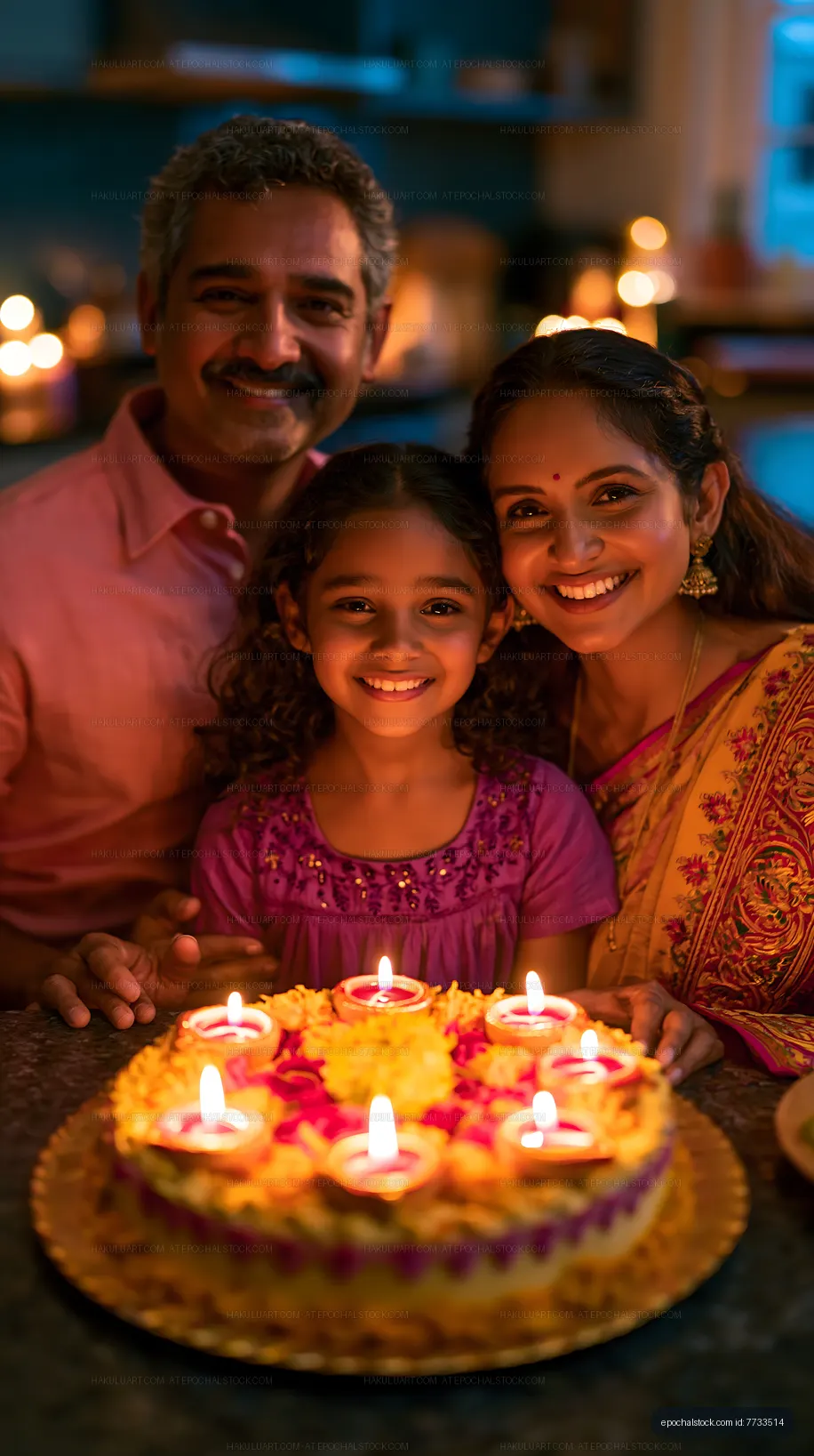 Family celebration with candles and flowers during festival