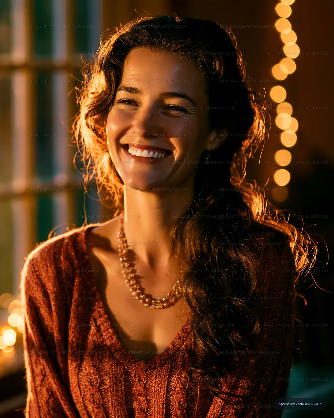 Woman smiles in cozy indoor setting with warm lights