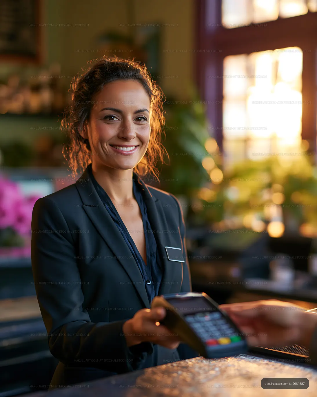 Friendly staff member assisting customer at checkout counter
