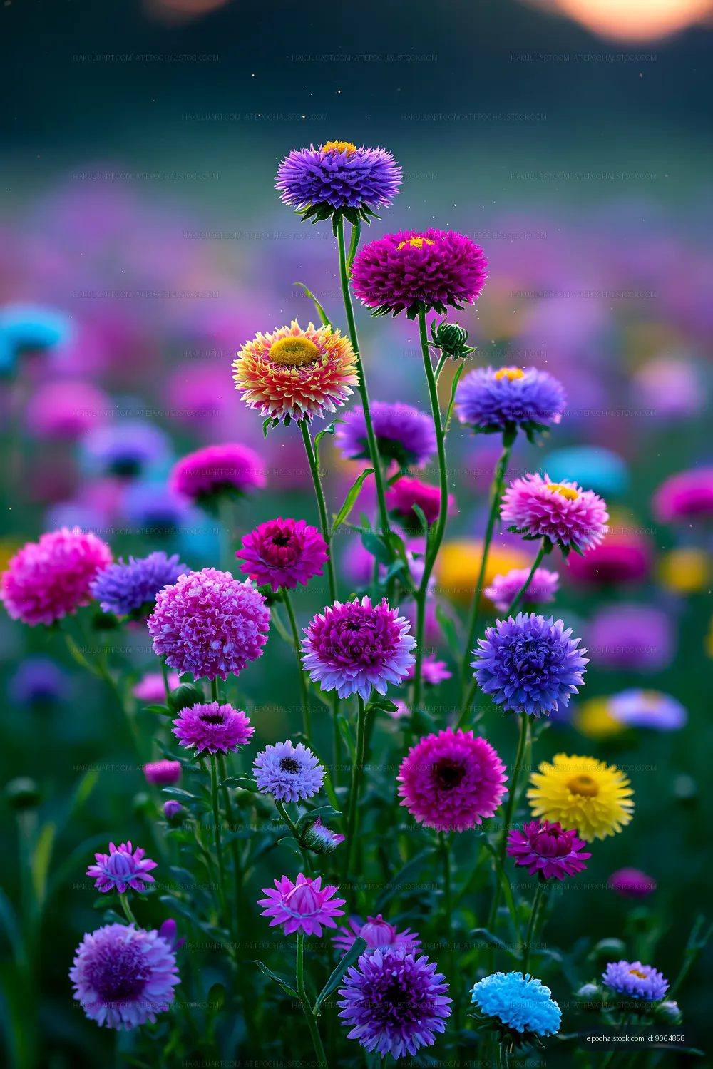 Colorful flowers in a vibrant field during sunset