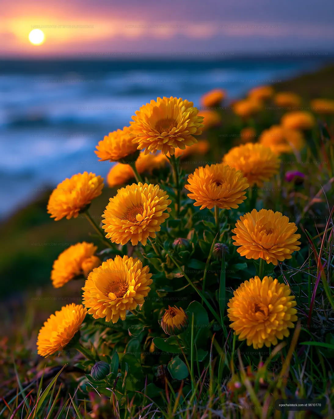Yellow flowers bloom near the ocean at sunset