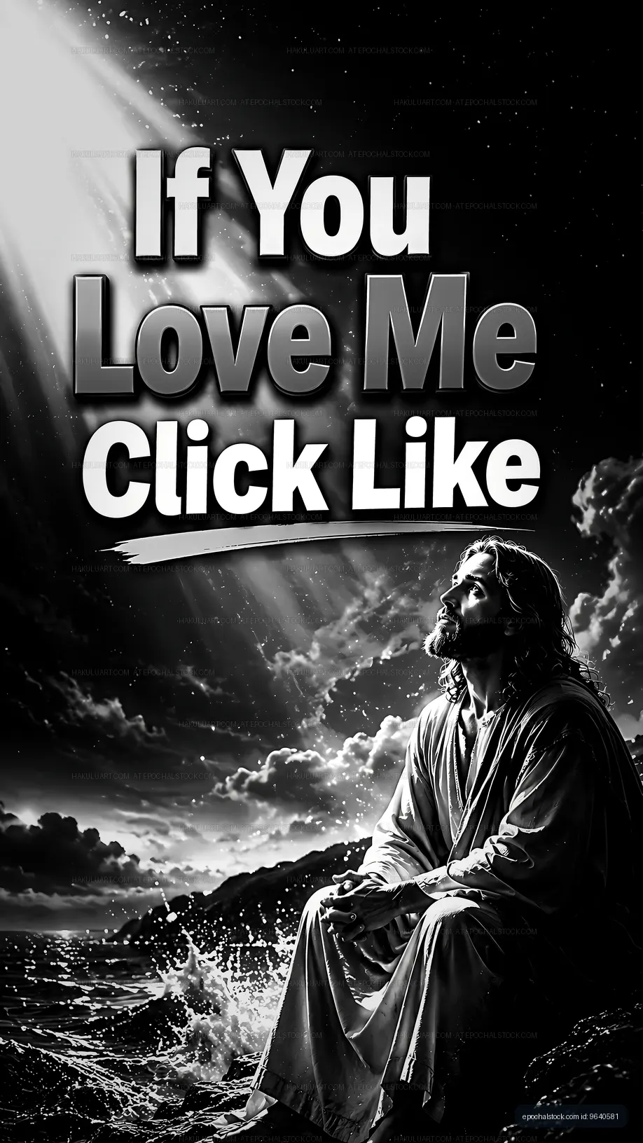 Jesus sitting on the shore looking upward with text overlay