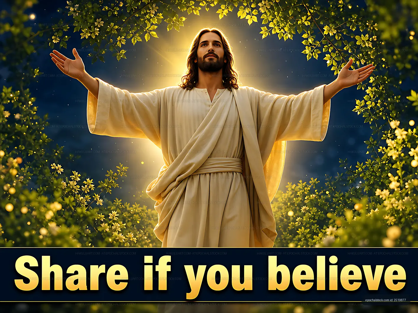 Jesus Christ with outstretched arms in a nature setting