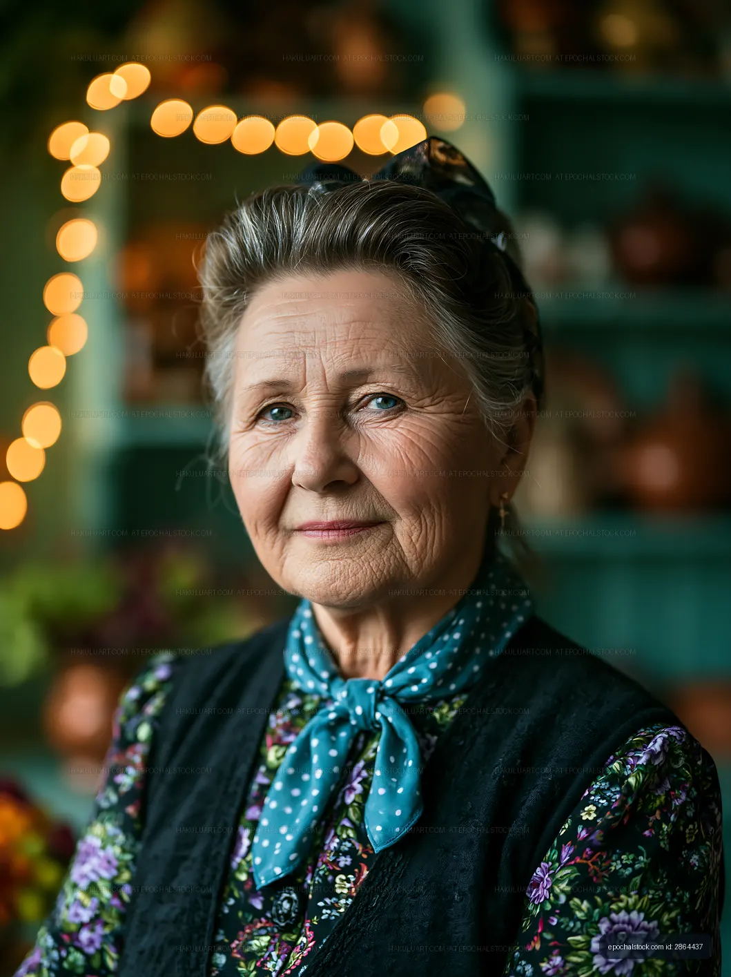 Elderly woman poses in traditional dress with decorative background