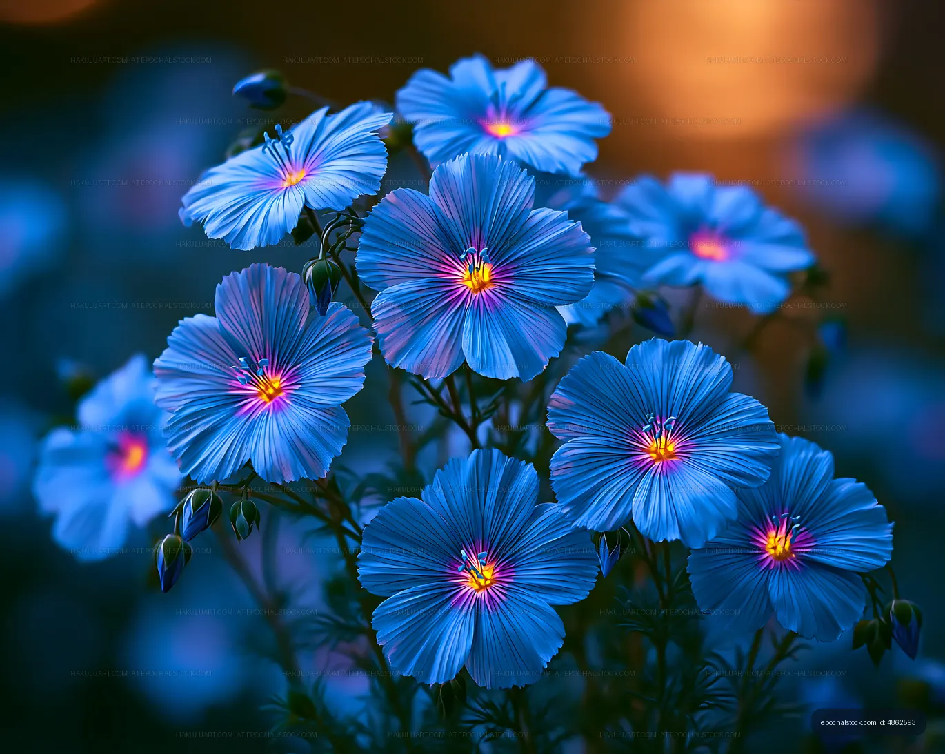 Vibrant blue flowers blooming in a garden at dusk