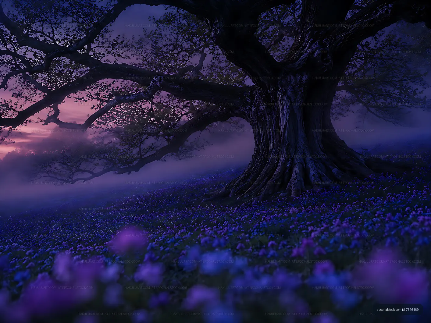 Tree with purple flowers at sunset in a misty landscape
