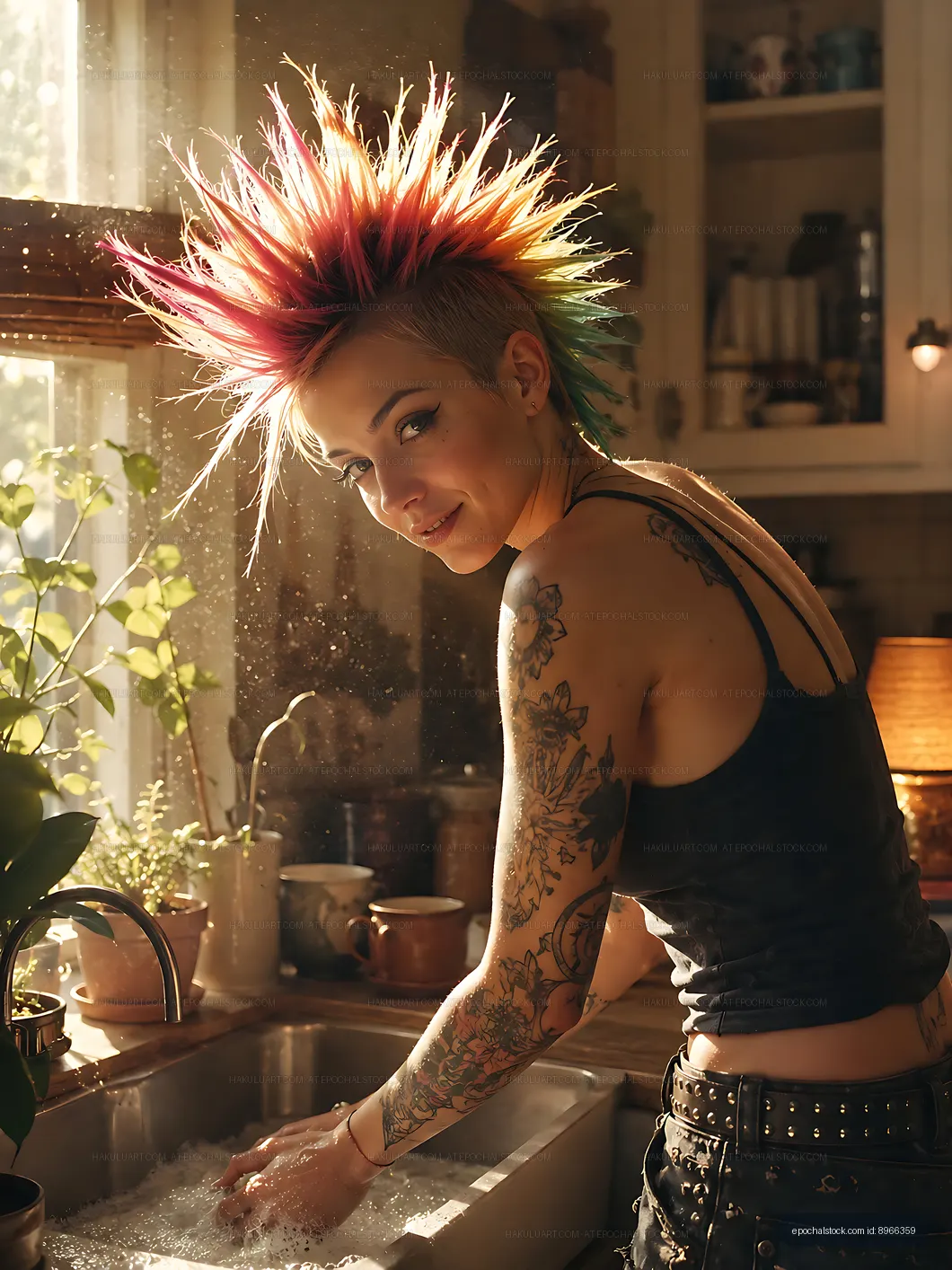 Person with colorful hair washing dishes in a bright kitchen