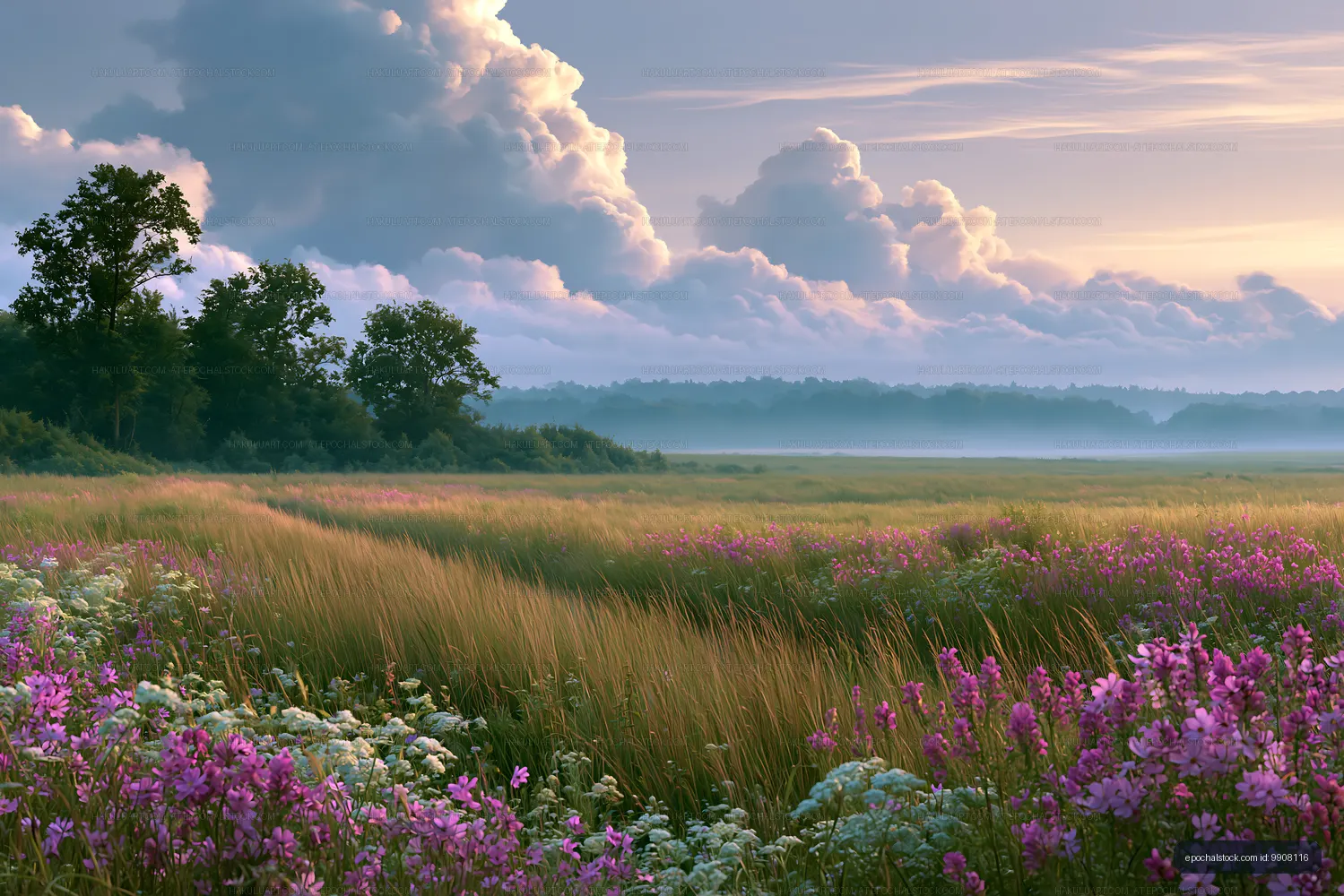 Sunrise over a field with flowers and clouds in the sky