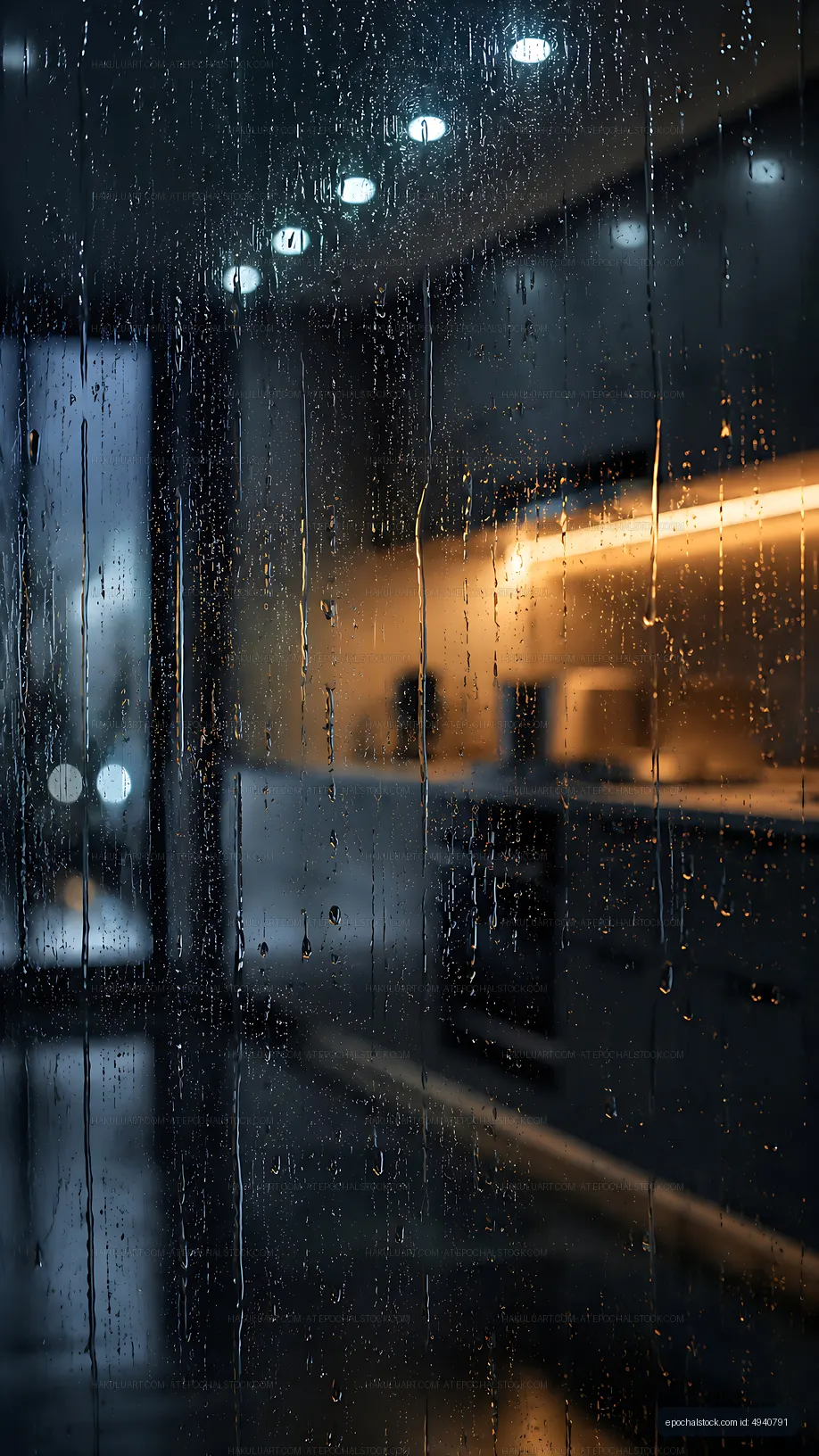 Rain droplets on a dirty glass window in a kitchen at night