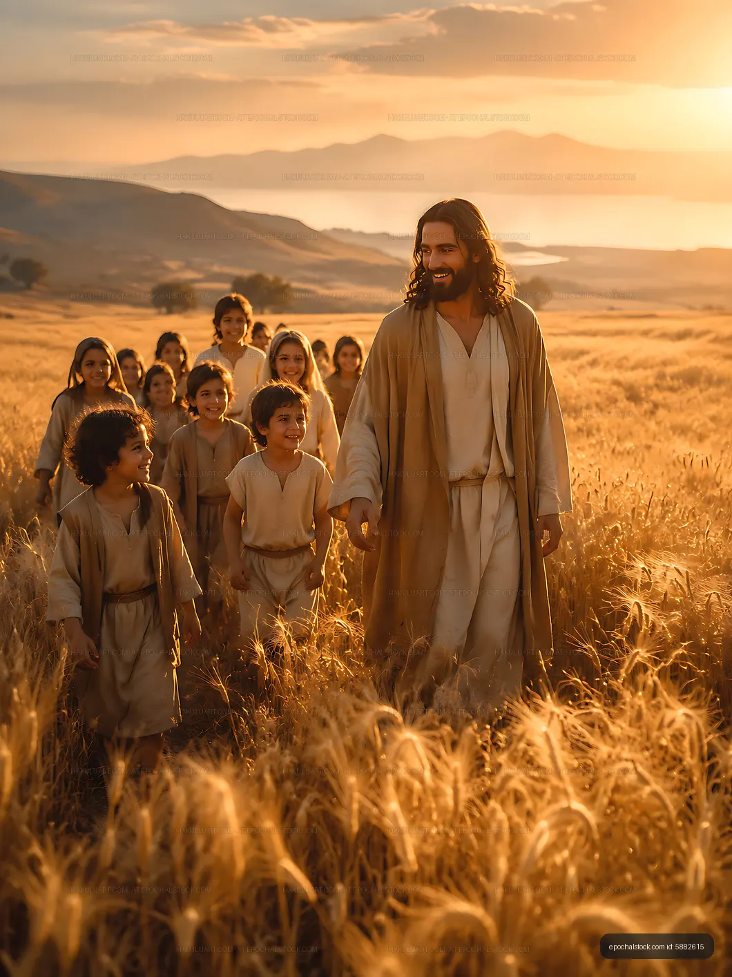 Group of children walking with leader in golden wheat field