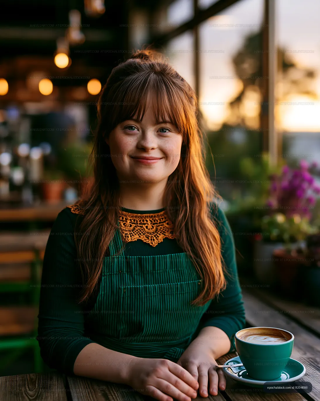 Smiling barista sitting at a cafe with coffee in hand